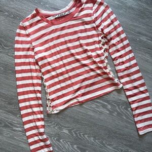 Chloe K Red & White Striped Lace-Up Long Sleeve Top